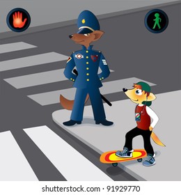 The policeman of foxes observes as the young fox with  a skateboard passes road. Road and children. Road and children.