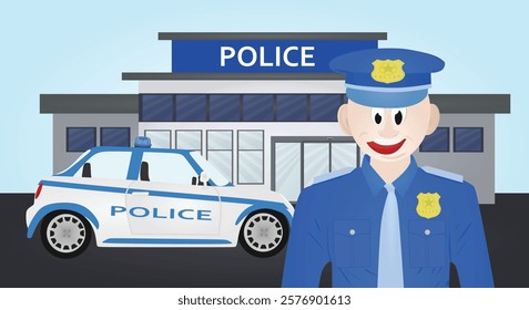 Policeman in front of police station and car. vector