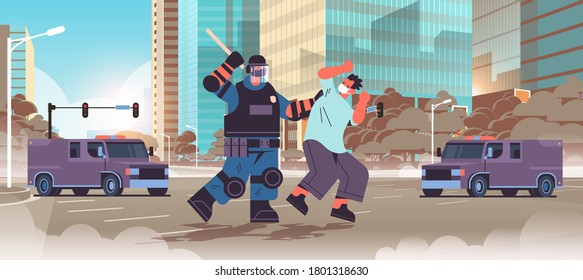 policeman in full tactical gear riot police officer attacking street protester in medical mask during clashes demonstration protest concept cityscape horizontal full length vector illustration