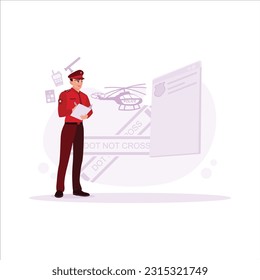 Policeman in full uniform, writing traffic seriously. Trend modern vector flat illustration.