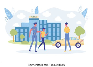 Policeman Get Teenager out of Urban Police Station. Mother Meeting Son after Arrest. Cop Shop Building Facade. Teen Offender. Young Criminal Return Home. Punishment for Offense. Vector Illustration