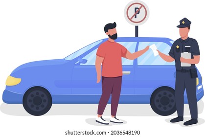 Policía dando estacionamientos lindos caracteres vectores de color semiplano. Gente de cuerpo entero en blanco. Funcionario encargado del estacionamiento aislado de dibujos animados modernos para el diseño gráfico y la animación