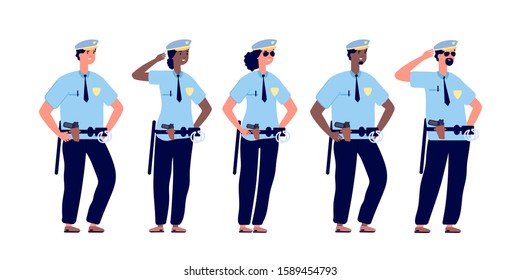 Policeman group. Police officers, police man and police woman in cops uniform. Professional security patrol law justice, vector characters