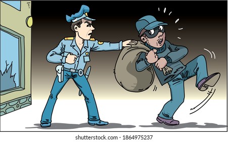 Policeman guard caught the thief. 