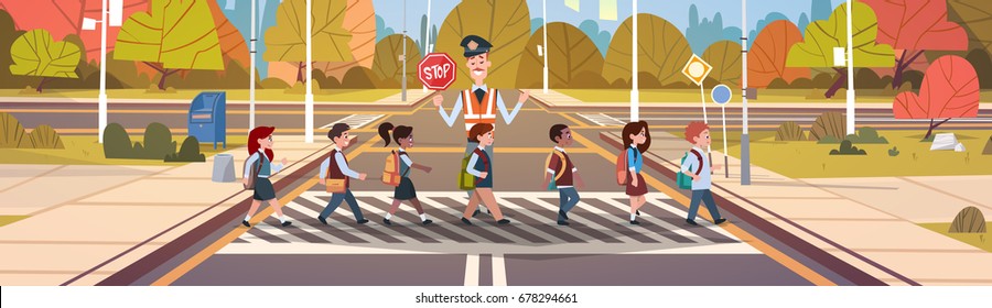 Policeman Guard Help Group Of School Children Crossing Road Flat Vector Illustration