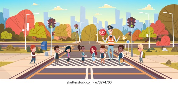 Policeman Guard Help Group Of School Children Crossing Road Flat Vector Illustration