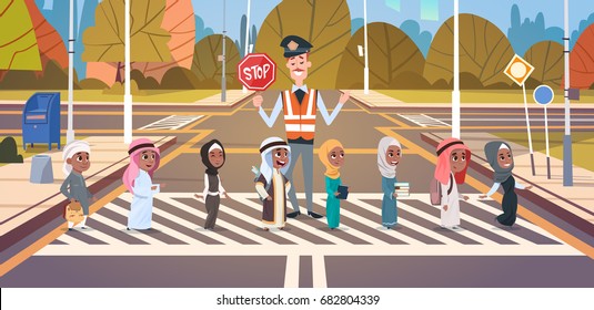 Policeman Guard Helping Group Of Arab School Children To Cross Road On Crosswalk Vector Illustration