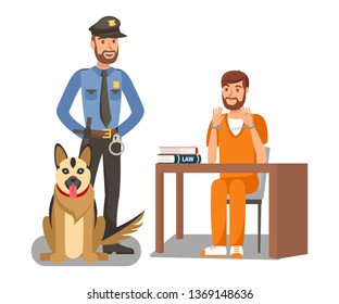 Policeman Guarding Criminal Vector Illustration. Cartoon Police Officer, German Shepherd Dog on Duty. Handcuffed Man Sitting at Desk Isolated Character. Court Convoy, Escort Services