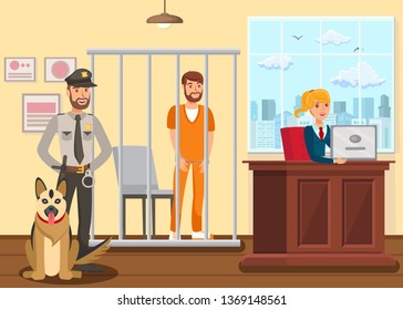 Policeman Guarding Suspect Vector Illustration. Police Officer, German Shepherd in Courtroom Flat Characters. Handcuffed Convict Standing in Cage, Cell. Female Prosecutor, Secretary Taking Notes