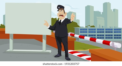 Policeman guards barrier. Closed area. Illustration concept for mobile website and internet development.