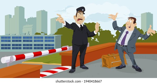 Policeman guards barrier. Closed area. Illustration concept for mobile website and internet development.