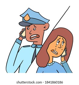 Policeman guy calls a woman, flat banner. Concept of protection of parental rights and protection from domestic violence, vector illustration
