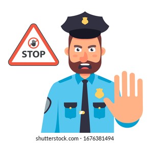 un policía con una mano detiene el movimiento. detenga el inicio de sesión en el triángulo. Ilustración vectorial de carácter plano.