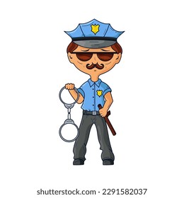 A policeman with handcuffs and a baton. Vector illustration in cartoon style