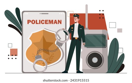 Policeman with handcuffs. Young guy in uniform with golden badge. Police force and law protection. Security occupation, guard. Cartoon flat vector illustration isolated on white background