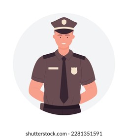 Policeman with hands behind back. Smiling young police worker vector illustration