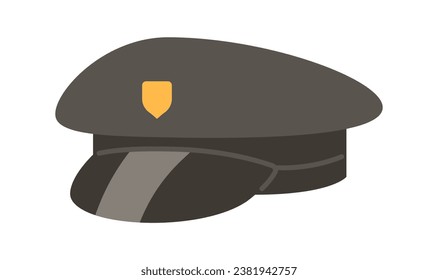 Policeman hat 2D cartoon object. Uniform police officer accessory isolated vector item white background. Security staff. Law enforcement uniform cap headwear color flat spot illustration