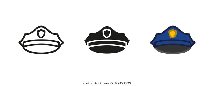 Policeman hat icon. Classic police officer uniform cap. Law enforcement headgear vector illustration. Security authority badge accessory. Professional patrol duty protection.