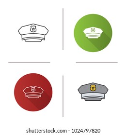 Policeman hat icon. Flat design, linear and color styles. Cop cap. Isolated vector illustrations