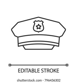 Policeman hat linear icon. Thin line illustration. Cop cap. Contour symbol. Vector isolated outline drawing. Editable stroke