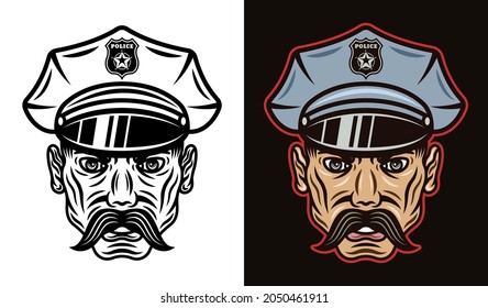 Policeman in hat with mustache vector illustration in two styles black on white and colorful on dark background