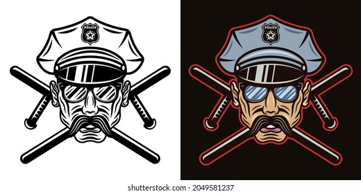 Polizist auf einem Hut mit Sonnenbrille und zwei gekreuzten Batons Vektorgrafik in zwei Stilen schwarz auf weißem und buntem Hintergrund