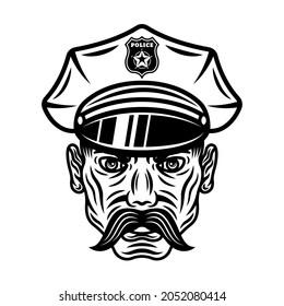 Policeman in hat vector illustration in monochrome vintage style isolated on white background