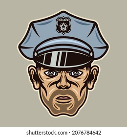 Policeman head with bristle in hat vector illustration in colorful cartoon style isolated on light background