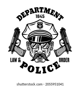 Policeman head in cap with mustache and two guns vector vintage emblem, label, badge or logo isolated on white background
