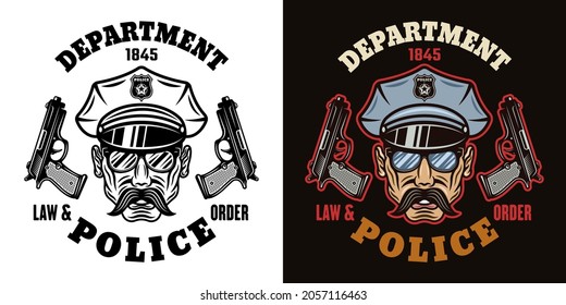 Jefe de policía con capucha con bigote y dos pistolas emblema vectorial, etiqueta, insignia o logotipo en dos estilos negro sobre blanco y colorido sobre fondo oscuro