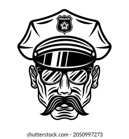Policeman head in hat and sunglasses vector illustration in monochrome vintage style isolated on white background