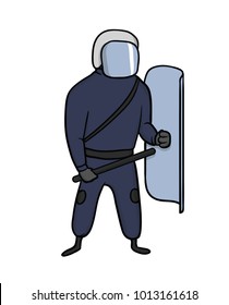 Policeman with helmet, shield and baton on street protests. Vector illustration, isolated on white background.
