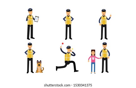 Policeman In High Visibility Yellow Safety Jacket Doing Daily Work Vector Illustration Set Isolated On White Background