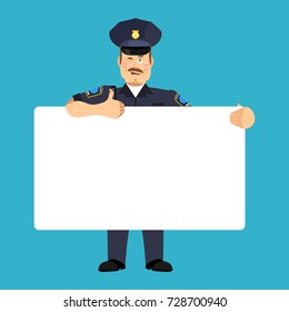 Policeman holding banner blank. police officer and white blank. cop joyful emotion. constable and place for text. Vector illustration
