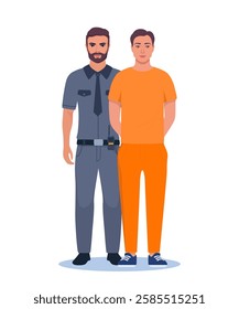 Policeman holding handcuffed criminal in orange prison uniform. Prisoner standing with police officer.