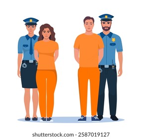 Policeman holding handcuffed criminal in orange prison uniform. Prisoners standing with police officers.