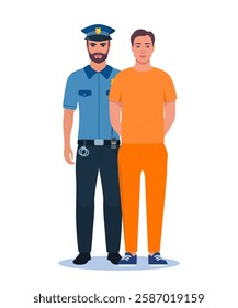 Policeman holding handcuffed criminal in orange prison uniform. Prisoner standing with police officer.