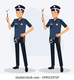 Policía con la señal correcta y la señal equivocada. Largo completo, personaje de dibujos animados de vector plano.