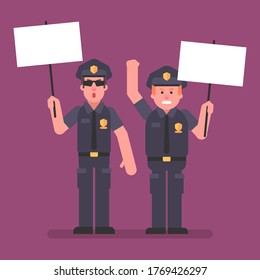 Policeman are holding signs and rebel. Flat people. Vector Illustration