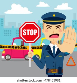 Policeman holding traffic sign and showing hand palm stopping access to car accident scene