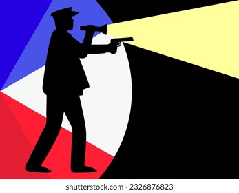 Der Polizist hält eine Taschenlampe in der einen Hand und eine Pistole in der anderen. Die Silhouette eines Polizisten leuchtet eine Taschenlampe nach vorn. Design für Poster, Drucke und Banner. Vektorgrafik