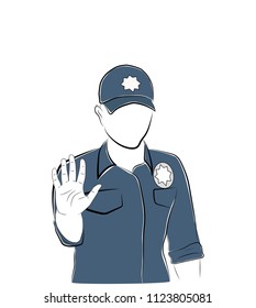 the policeman holds out his hand to stop! stop ofense. vector illustration.