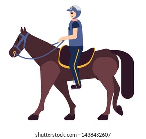 Policeman horseback riding isolated on white background. Man in blue police uniform and helmet on brown hourse. Street patrol security. Emergency outdoor. Flat cartoon vector illustration