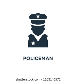 Policeman icon. Black filled vector illustration. Policeman symbol on white background. Can be used in web and mobile.