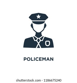 Policeman icon. Black filled vector illustration. Policeman symbol on white background. Can be used in web and mobile.