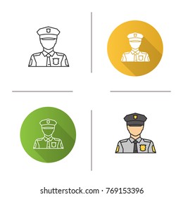 Policeman icon. Flat design, linear and color styles. Police officer. Isolated vector illustrations