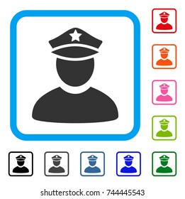 Policeman icon. Flat gray iconic symbol inside a blue rounded rectangular frame. Black, gray, green, blue, red, orange color versions of Policeman vector. Designed for web and app interfaces.