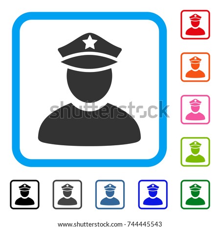 Policeman icon. Flat gray iconic symbol inside a blue rounded rectangular frame. Black, gray, green, blue, red, orange color versions of Policeman vector. Designed for web and app interfaces.