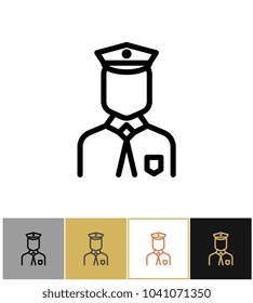 Policeman icon, police uniform man sign or security guard person on gold, black and white backgrounds vector illustration