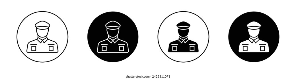 Policeman Icon Set. Security Officer Guard Vector Symbol in a Black Filled and Outlined Style. Law and Order Sign.